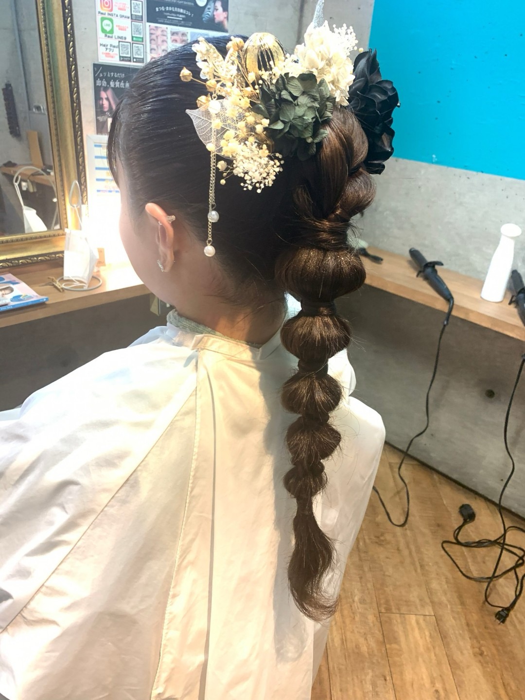 結婚式　ぽんぽんポニーアレンジ　ヘアアレンジ　袴着付け　リボンアレンジ　人気スタイリスト　ランキングが高い美容院　岐阜柳津町　ヘアーラウル